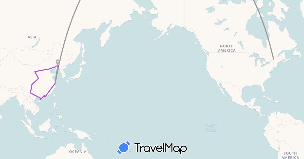 TravelMap itinerary: driving, plane, train in Canada, China, Hong Kong, Macau (Asia, North America)
